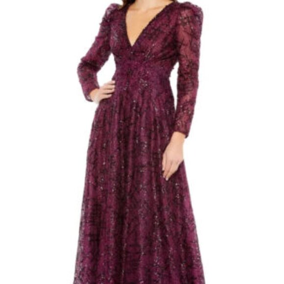 Mac Duggal Plum Purple Sequin Long Sleeve A-Line Gown - Picture 1 of 5